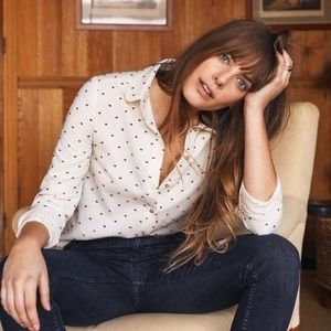 Sezane Tomboy Shirt in Ecru Blue Clip Dot. NWT Size 40